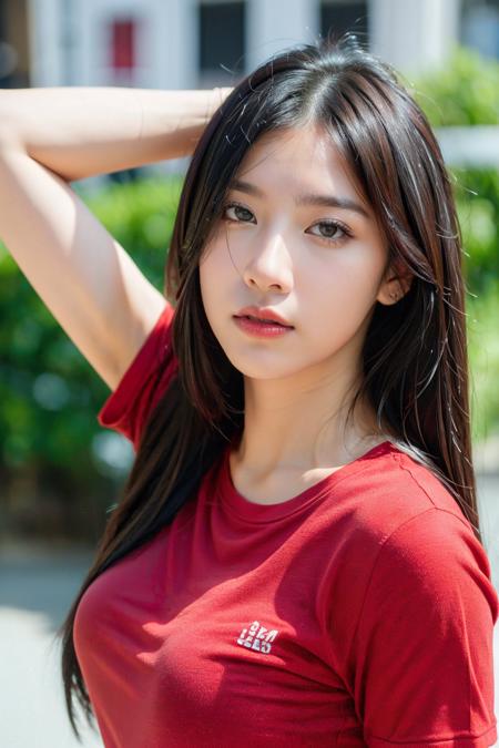 (best quality:1.4), (ultra highres:1.2), (photorealistic:1.4), (8k, RAW photo:1.2),(portrait shot:1.3), bmangpor, 1girl, solo, long hair, brown hair, upper body, armpits, arm up, red shirt, <lora:bmangpor-04:0.65>