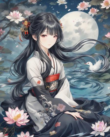 (masterpiece,best quality,extremely detailed CG unity 8k wallpaper,ultra-detailed),(best illumination,best shadow,an extremely delicate and beautiful),ink_wash_painting,night,(tai_chi:1.25),(yin_yang:0.85),ba gua,swirl,(the_bottom_of_the_bottlebackground:1.1),(1_girl:1.2),solo,The character is in the center of the frame,medium_full_shot,hanfu,taoist_robes,celestial_being_uniform,long_hair,(alternate hair color:1.3),white hair,black hair,a small red ornament,beautiful_detailed_eyes,indigo_eyes,(girl_surrounded_by_floating_water_flow:1.3),medium_breasts,wind,lotus,(cloudy:1.1),(stratocumulus_stratiformis:1.35),looking_at_viewers,cowboy shot