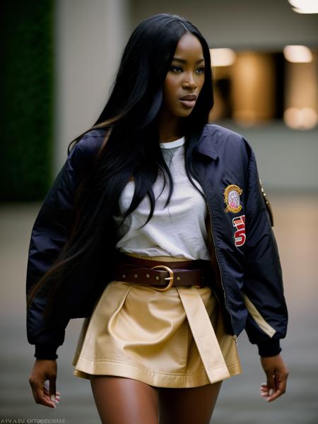 Realistic photo of a beautiful n40m1c woman,1girl,solo,long hair,skirt,black hair,jacket,belt,blurry,lips,looking to the side,blurry background,realistic,jacket on shoulders, soft lighting, professional Photography, Photorealistic, detailed, RAW, analog, sharp focus, 8k, HD, high quality, masterpiece<lora:n40m1c:1.0>