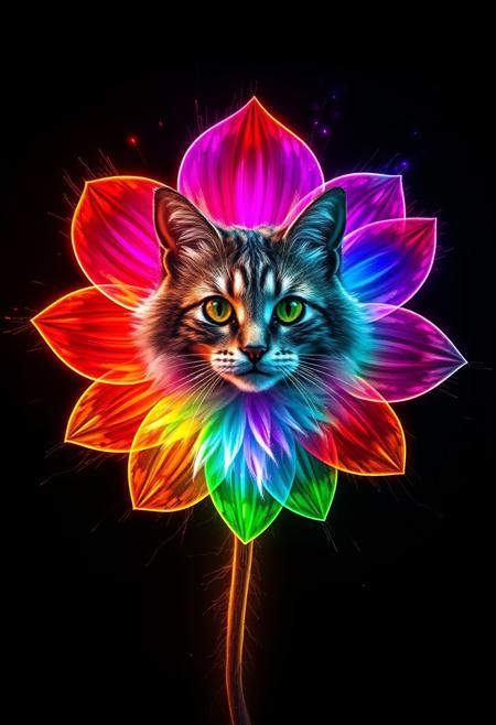 "Create a photorealistic image of the shape of a flower with multicolored petals, outlined with a vibrant, multicolored line, that swirl with a kaleidoscope of colors. The flower is the mane of a beautiful cat. Looking at the viewer. The surrounding environment is pitch black, with only the colorful flower and cat visible. The colors seem to be building up to a catastrophic release, as if the very presence of the flower is triggering a chain reaction of light and energy. The atmosphere is one of intense, impending destruction." Octane render, Highest-Quality, 8 k, intricate details, visually stunning, Masterpiece