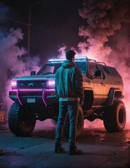 masterpiece, best quality, a cybertruck, Neon, Smoke, Volume Lights, A man standing,
