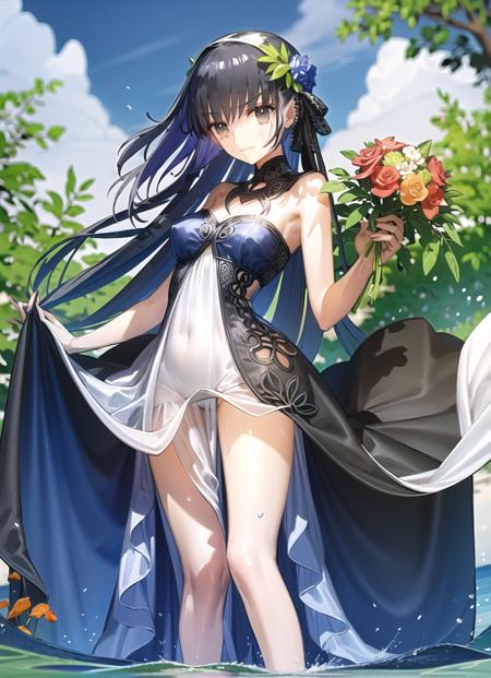 <lora:wada5-locon-u3e-4-t3e-4:1>,1girl ,bare shoulders ,barefoot ,black hair ,blue flower ,bouquet ,branch ,closed mouth ,colored inner hair ,colorful ,dress ,fish ,flower ,holding ,holding bouquet ,leaf ,long dress ,long hair ,looking at viewer ,mountain ,multicolored hair ,no shoes ,orange flower ,pool ,purple eyes ,purple flower ,purple hair ,red flower ,rose ,see-through ,see-through dress ,solo ,standing ,strapless ,strapless dress ,tree ,two-tone hair ,very long hair ,wading ,water ,waterfall ,wet ,white dress