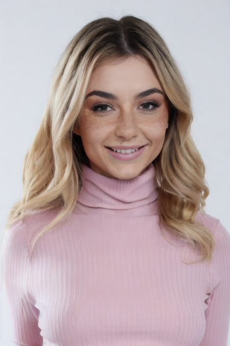 Photo of d3m1h4wk5 woman, detailed face freckless smiling, pink turtleneck blouse