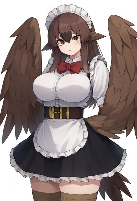 dodo54dr, 1girl, solo, harpy, brown hair, animal ears, monster girl, large breasts, breasts, hair between eyes, brown wings, bird tail, tail, bird legs, long hair, winged arms, brown eyes, black skirt, bow, maid headdress, shirt,  bowtie, white shirt, red bow, brown thighhighs, high-waist skirt, zettai ryouiki, belt, frills, bangs, skirt, thighhighs,