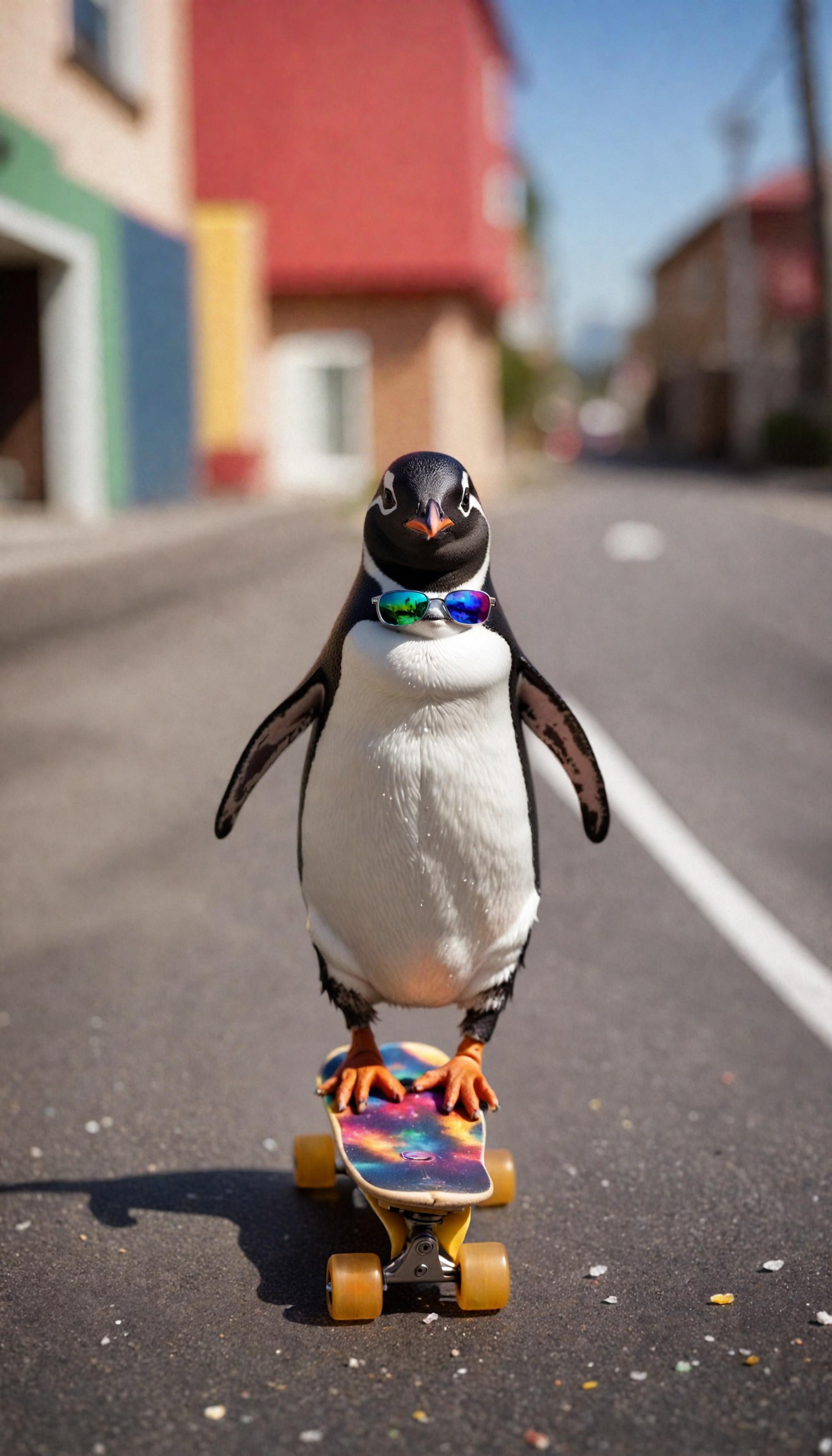 A penguin wearing sunglasses and a tie is skateboarding down the street.