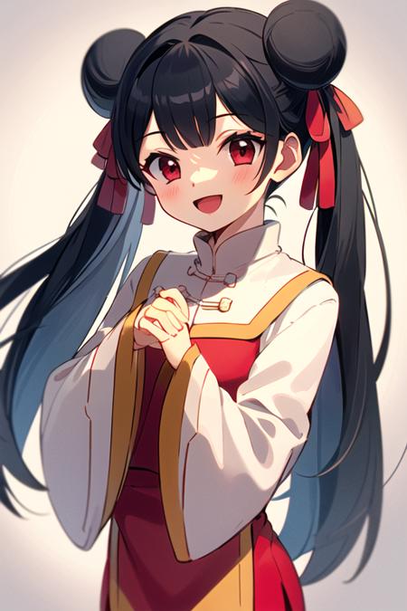 masterpiece, best quality, <lora:meiling_scc:0.7> meiling_scc, 1girl, solo, long hair, black hair, looking at viewer, smile, open mouth, bangs, red eyes, twintails, hair ribbon, double bun, red dress, white dress,  chinese clothes, long sleeves, wide sleeves, jingle bell