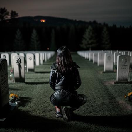 RAW photo, 8k uhd, dslr, high quality, film grain, Fujifilm XT3.
View from behind, dim horror movie lighting, 1woman, kneeling in front of grave