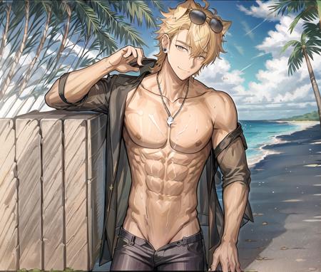 <lora:longshelan:0.5>,1boy,  blonde_hair, sunglasses, earrings, (dog ears), jewelry, (bare shoulders), collarbone, (wet),(abs),((nude)),biceps,bishounen,cowboy_shot,dappled_sunlight, lying, ((pants)),((underwear)),male_focus, ((solo)), god rays, sea, coconut_trees