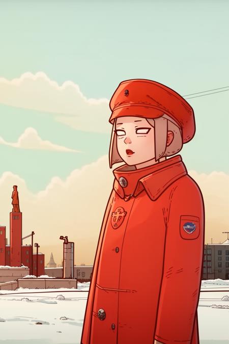 ls, (white eyes), 1girl, solo, upper body, soviet buildings on background, soviet buildings, winter, blizzard