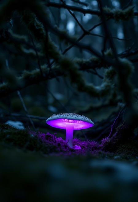Photorealistic film image: A mushroom, emitting a supernatural violet glow,  sprouts form  the frozen moss in the dense, dark forest in winter. Our view is partially obscured by heavy branches, shaggy with moss. Shallow depth of field.