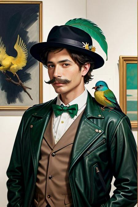 a painting of a man with a mustache and a bow tie with a bird on his shoulder by John Singer Sargent. The man wears a green leather jacket. Hat made of tropical feathers. Background of modern art gallery with abstract paintings.