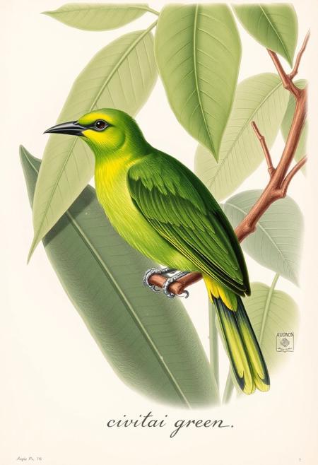 Audubon society drawing of an exotic bright green bird found deep in the amazon, bird is perched on a branch,  various green leaves in the background,
 at the bottom of the print civitai green is written small in cursive script