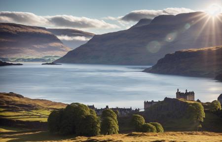 (RAW photo:1.2) of  (scottish highlands:1.3), panoramic view, (mountains:1.3), (castle:0.6), (Loch Ness:1.2), big lake, sunny with clouds, cinematic lighting, golden hour, god rays, 8K, (highly detailed:1.1), (ultra-realistic:1.2), masterpiece, Hasselblad
