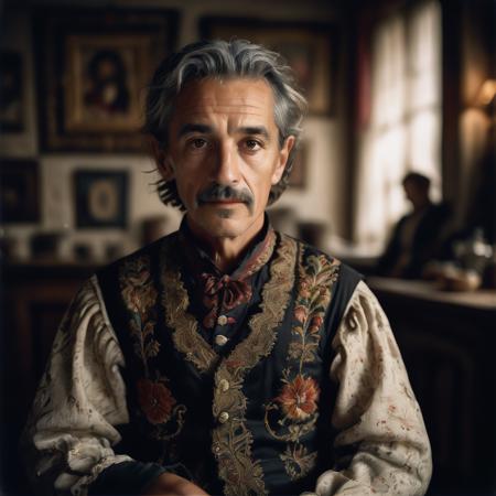 highly detailed candid photo of servant (male), 


solo, looking at viewer, shirt, 1boy, brown eyes, upper body, grey hair, male focus, blurry, vest, facial hair, floral print, realistic, mustache, old, old man, embroidered jacket

depth of field, blurry background, medieval parlor,

masterpiece, best quality:1.1, 

ultra photoreal,
photorealistic:1.0, 
depth of field:1.1, 
(edge lighting:1.2),
(shadow play:1.2),

as photographed by Nathan Wirth
