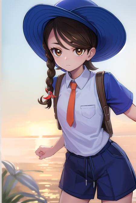 pokemonjuliana, <lora:pokemonjuliana-lora-nochekaiser:1>,
pokemonjuliana, braid, (brown eyes:1.5), brown hair, hair ornament, hairclip, side braid, single braid, swept bangs,
BREAK backpack, bag, black footwear, blue headwear, blue shirt, breast pocket, collared shirt, hat, kneehighs, naranja academy school uniform, necktie, orange necktie, orange shorts, pocket, school uniform, shirt, shoes, short sleeves, shorts, socks, striped, striped shorts, sun hat, white socks
BREAK looking at viewer, full body, (cowboy shot:1.5),
BREAK outdoors,,
BREAK <lyco:GoodHands-beta2:1>, (masterpiece:1.2), best quality, high resolution, unity 8k wallpaper, (illustration:0.8), (beautiful detailed eyes:1.6), extremely detailed face, perfect lighting, extremely detailed CG, (perfect hands, perfect anatomy),