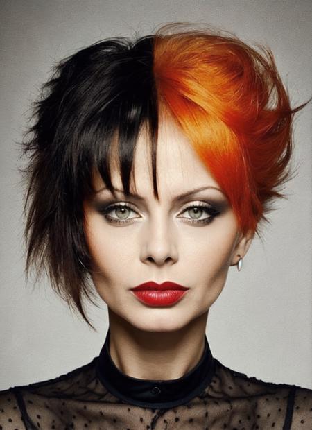 portrait of sks woman by Flora Borsi, style by Flora Borsi, bold, bright colours, orange Mohawk haircut, ((Flora Borsi)), <lora:locon_izabela_v1_from_v1_64_32:1.25>