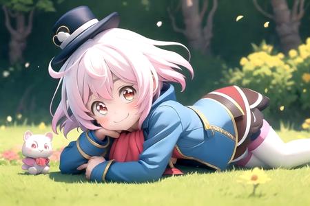 (masterpiece), (best quality), (detailed background, best lighting), ultra-detailed, highly detailed, (((blush))), solo, (happy), (smile),
<BRAKE>
on stone, on grass, (colorful flowers), shadow, sunlight, warm, side lighting,
<BRAKE>
1girl, ahoge, ascot, emullh, gradient hair, hat, jacket, mini hat, nature, pink hair, red eyes, smile, solo, thighhighs, white thighhighs, looking at viewer, animal ears <lora:emullh_00_03:1.0>