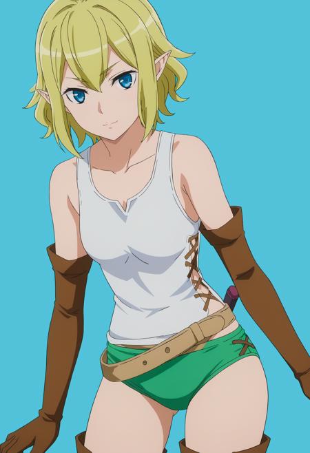 ryuu green cloak, hooded cloak, cross-laced clothes, tank top, green panties, beige belt, elbow gloves, thigh boot, maid, green maid outfit, apron, blonde hair, blue eyes, elf,