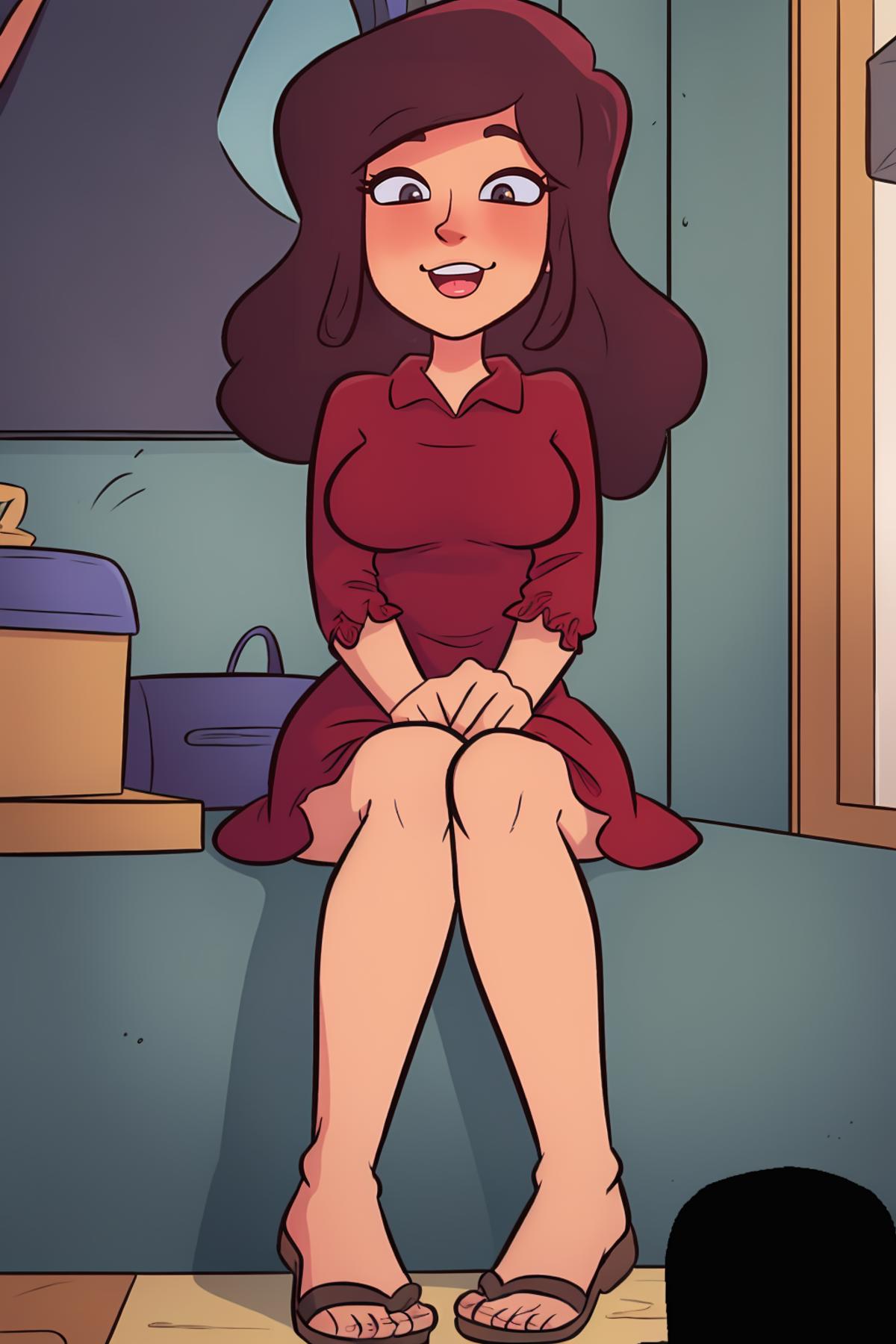 A cartoon woman in a red dress sitting on a desk.