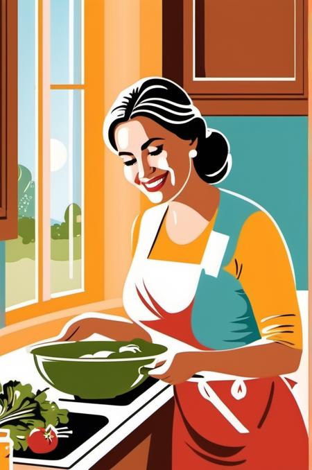 , <lora:EnvyBeautyMixXL02_prodigy:1>, A highly detailed mother in her kitchen preparing meal, window sunny day, happy, smiling,