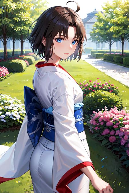 masterpiece, best quality, highres, hmshiki, short hair, ahoge, blue eyes, white kimono, <lora:ryougi_shiki_v1:0.7>, outdoors, standing, cowboy shot, garden, from behind, looking at viewer,