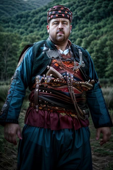 cinematic photo, best quality, obese kevin james wearing a zeybek with belt and shorts and long sleeves with a sword , in a landscape with dimensions, 35mm photograph, film, bokeh, professional, 4k, highly detailed <lora:add_detail:1.2> <lora:EgeErkek-10 (3):1>