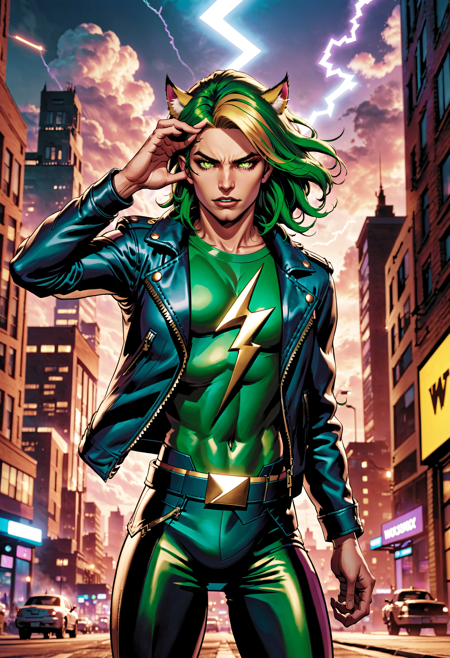 1boy, male focus, solo, hands behind head, sexy smirk, makeup, thick lips, wink, one eye closed, long hair, big hair, green hair, leather jacket, sexy dress, drag queen style, lightning bolt symbol, thunderstorm, gold eyes, hands behind head, outdoors, city, sky, clouds, telepathic visions of the future, gossamer, encased in a cyberpunk computer glass