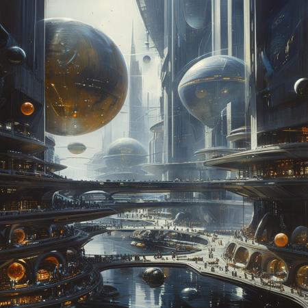 score_9, score_8_up, score_7_up, designed by Norman Foster, Sci-fi metropolis, busy streets, alien world, multiple moons, concept art, detailed, masterpiece