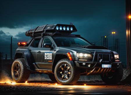 cyberpunk-inspired off-road tech car with gear and guns attached, ((((dirty)))), in cyberpunk urban photoshoot, sunset, glowing lights, well framed at middle range, extreme detail, illegal battle car, extreme photorealistic, 3D, 8k, Hyper detailed car, perfect soft lighting, great lighting, car photography, fisheye lens, raining, reflection, octane render, high quality, <lora:more_details:1.2>