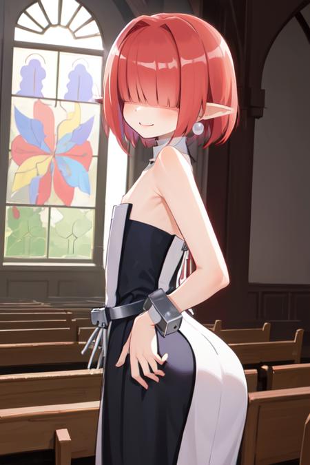 Clergy,flat chest ,pointy ears,  hair over eyes , red hair, jewelry, short hair, 
bare shoulders ,cuffs , black strapless dress ,shackles,  smile,  
upper body , hips,  from behind,  ass,  cowboy shot,  tight, 
 church, milky way,  windows, 
(insanely detailed, beautiful detailed face, masterpiece, best quality)
 <lora:Clergy-10v5:0.7>