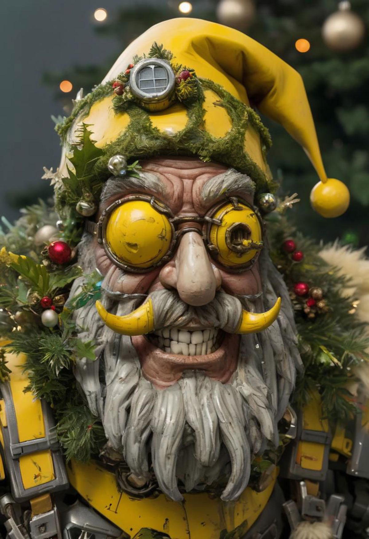 A Christmas-themed statue wearing glasses and a hat.
