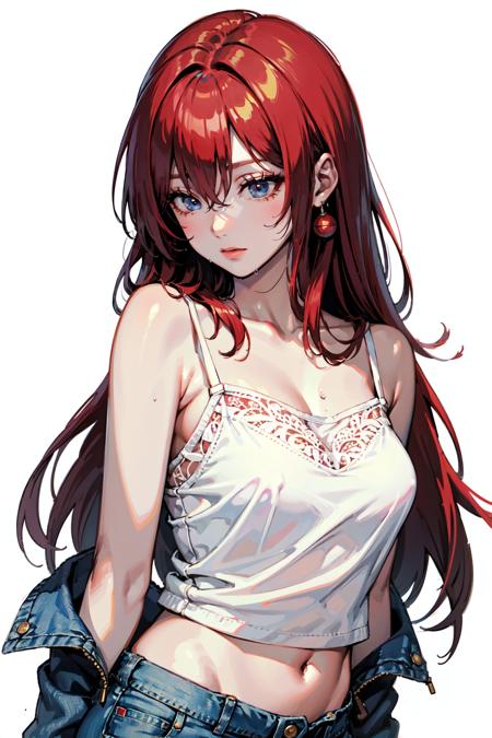 (best quality, masterpiece:1.1), (Intricate detailed:1.2),   ((upper body,   (facing down:1.2),  1girl, earnest face, red hair, very long hair, hair over eyes,     red colored bells on hair,  (camisole, denim shorts:1.2), white thighhighs, navel, wet clothes, wet hair, (white background:1.3),  ):0.8)