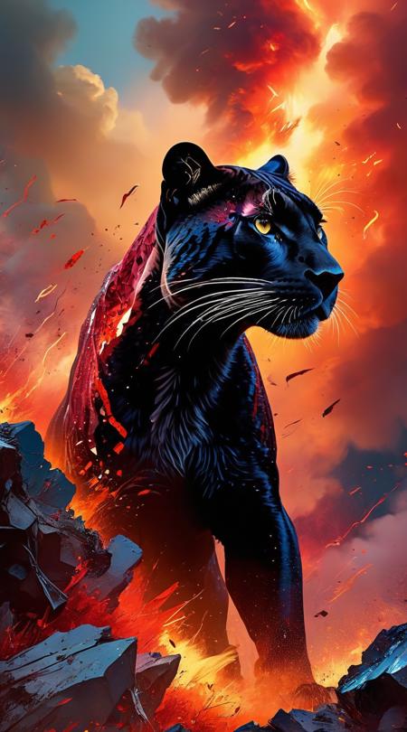 Lightning-prowled panthers, soaring above the clouds, Pulsating radiance, wildfires with smoke and ash, fiery reds and deep burgundies, inverse angle reverse shot, three-quarter length shot, expressionist bold colors, shimmering sequin details, shattered glass effect, harsh light and shadow play, color splash emphasis.