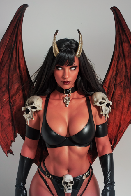 <lora:Purgatori-10:1> Purgatori, (masterpiece, best quality, ultra-detailed, highres, best illustration),perfect face, (perfect hands), ray tracing,A crimson-skinned, winged vampire goddess, 1girl, red skin, solo, horns,  demon girl,  breasts, colored skin, red skin, cleavage, navel, demon wings, black hair, long hair, skull, elbow gloves, bikini,  large breasts, choker, demon, skull belt, midriff, gloves, sexy, depth_of_field,very detailed background,extreme light and shadow,(detailed eyes), (beautiful) beautiful detailed eyes, (seductive smirk), perfect lighting , perfect anatomy,(extremely detailed illustrated 8k wallpaper),(masterpiece), (best quality), (ultra-detailed), (best illustration),(best shadow),perfect lighting , perfect anatomy , vivid colors,