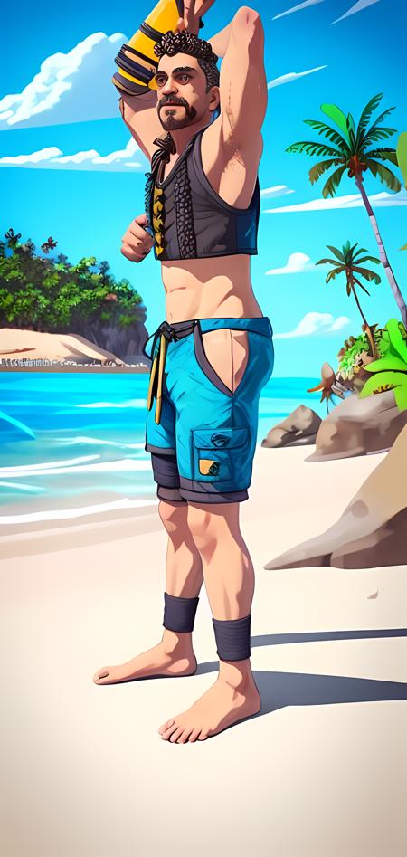 a middle age male character stand on the beach, wearing boardshorts, tropical island background, <lora:ApexLegends:1.0>