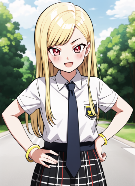 dbsuper style,  
 kitagawa marin, 1girl, :d, upper body, bead bracelet, beads, black necktie, blonde hair, blue skirt, blush, bracelet, hand on own hip, jewelry, long hair, looking at viewer, necktie, open mouth, plaid, plaid skirt, red eyes, school uniform, shirt, outdoors, skirt, smile, solo, standing,white background, white shirt, ((masterpiece))
<lora:dbsuper_style_offset:1>