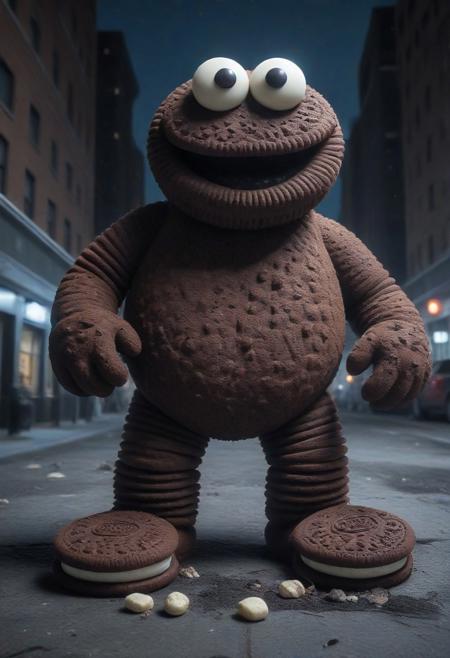 A gigantic Cookie Monster made of creamy cookies stomping through New York City at night, destruction, debris