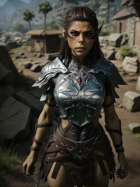 cinematic photo, 1girls, <lora:Lae-zel-18:.8>, lae-zel standing in full armor + armored leather miniskirt + brown hair + (medium hair), intimidating expression + (green skin + skin markings), wide hips, full body pinup, [_:full sharp, detailed face, (detailed eyes + slit pupils + sharp teeth):.24], (absurdres, highliest quality, best quality:1.2), dark city background, . 35mm photograph, film, bokeh, professional, 4k, highly detailed