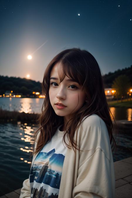 <lora:more_details:0.3>, solo, very detailed, detailed face, picture of beautiful girl, pokidiffusion, picture of a beautiful girl with long messy hair wearing colored casual clothes, outside in a common place, moonlight, starry sky, detailed shadowing and lighting, just above the lake, reflection