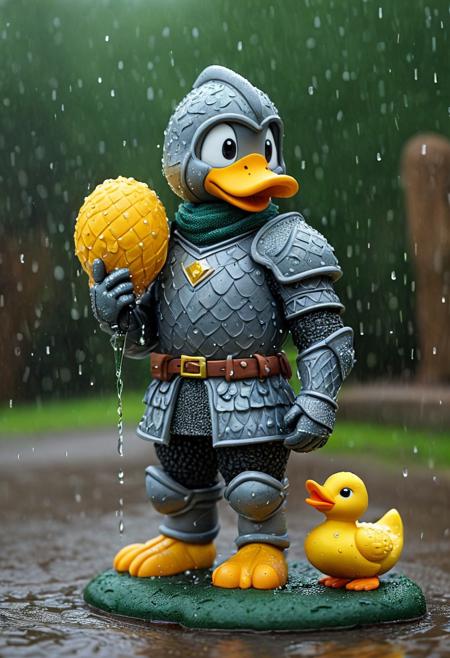 novuschroma51 style,Wet rainy scene. Sculptural art. Cute cartoon diamond knight statue with a large duck. Modeled shapes. Textured surface. Drizzling rain. Reflective surfaces.
