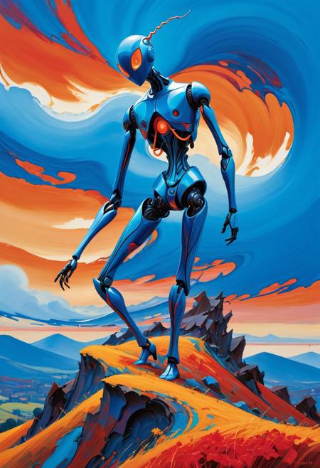 A contorted android figure stands on a wind-swept hill, its body glowing faintly — the sky above torn apart in bold fauvist strokes of electric blue and blood-orange, as if painted by madness.