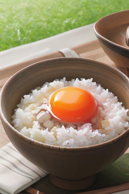 tkg, rice, bowl, food focus, food, realistic, still life, blurry, egg, rice bowl, wooden table