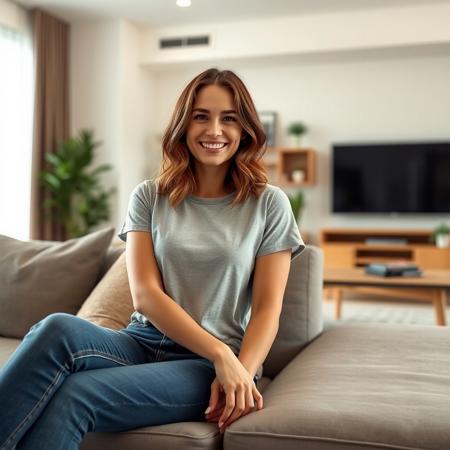 Hyperrealistic photoshot: (Kelly is sitting on the couch in a modern furnished living room, wearing t-shirt and jeans, smiling, 32 years old, brown medium-length hair, average figure, small breasts),