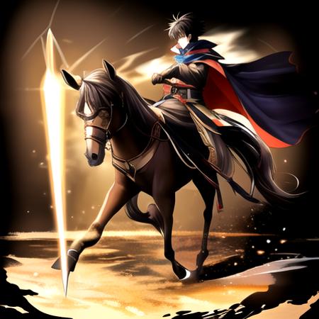 Masterpiece, highest Quality, Highest Resolution, Anime styles, colorful anime style lighting, anime style face, Grand Summoners, solo, full body, 1man, long black hair, riding, horse, holding legendary sword, light aura, black cloak, modern anime style,