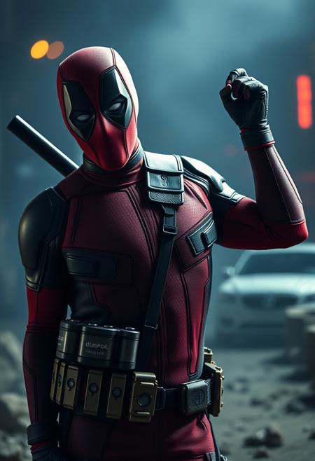 Deadpool getting ready for battle, highres, best quality, realistic, cinematic lighting, hyperrealistic, perfect quality
