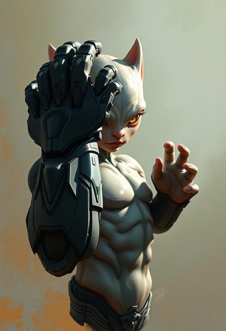 In an intricately detailed digital painting designed for ArtStation and intended as powerful concept art, the subject is a captivating image of a tiny creature wielding a massive, futuristic Power Glove. The bust shot focuses on the creature's striking features: piercing eyes that radiate power, sleek body, and sculpted muscles that hint at hidden strength. The glove itself exudes an air of menacing elegance, with sharp lines and intricate details that highlight its otherworldly design and immense potential for destruction. A sense of dramatic lighting highlights the creature's chiseled features while casting ominous shadows across the canvas, enhancing the overall aura of power and danger emanating from this small but formidable character. The image is rendered in smooth brushstrokes that emphasize both its delicate details and bold composition, making it an ideal piece for use in concept art or digital illustration projects. Octane render, Highest-Quality, 8 k, intricate details, visually stunning, Masterpiece