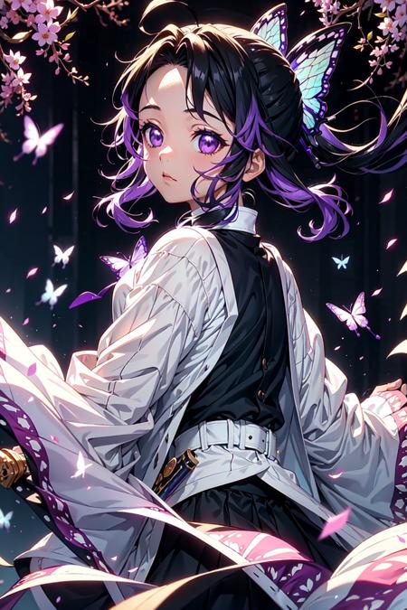 shinobu, 1girl, solo, looking at viewer, short hair, black hair, hair ornament, long sleeves, closed mouth, purple eyes, jacket, weapon, purple hair, flower, japanese clothes, belt, pants, sword, wide sleeves, uniform, from side, black jacket, parted bangs, petals, black pants, katana, bug, butterfly, sheath, forehead, sheathed, butterfly hair ornament, haori, demon slayer uniform, wisteria, masterpiece, royal background, magical, <lora:shinobu:1>