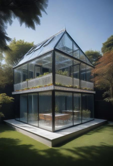 (House fully made of glass/crystal/diamond), good posture, garden, neighborhood, daylight, reflecting light,