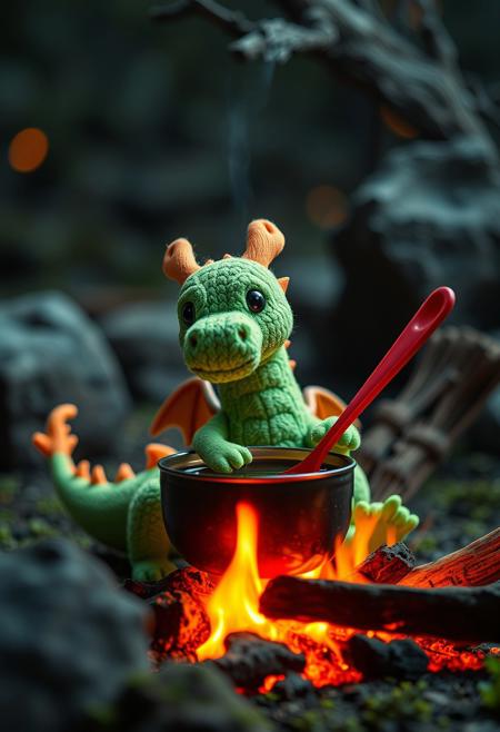 surreal VFX,  ikea style green plush nano-dragon cooking broth on a campfire with a red spoon seen under an electron scanning microscope, with details, vivid colors