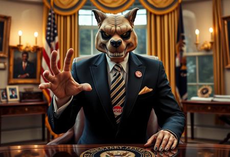 dr claw in sharp suit inside the oval office, real photograph, inspector gadget style, photorealistic, correct hands, correct fingers, presidential seal, vote button, campaign photo, election, elegant scene, cobra insignia